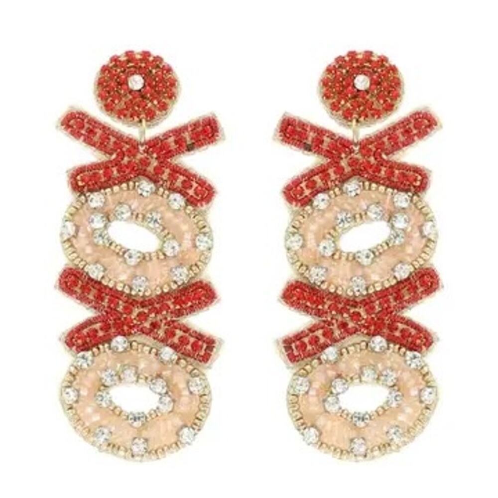 Viola Boutique Red Beaded XOXO Statement Earrings Sparkle Valentine Holiday Gift